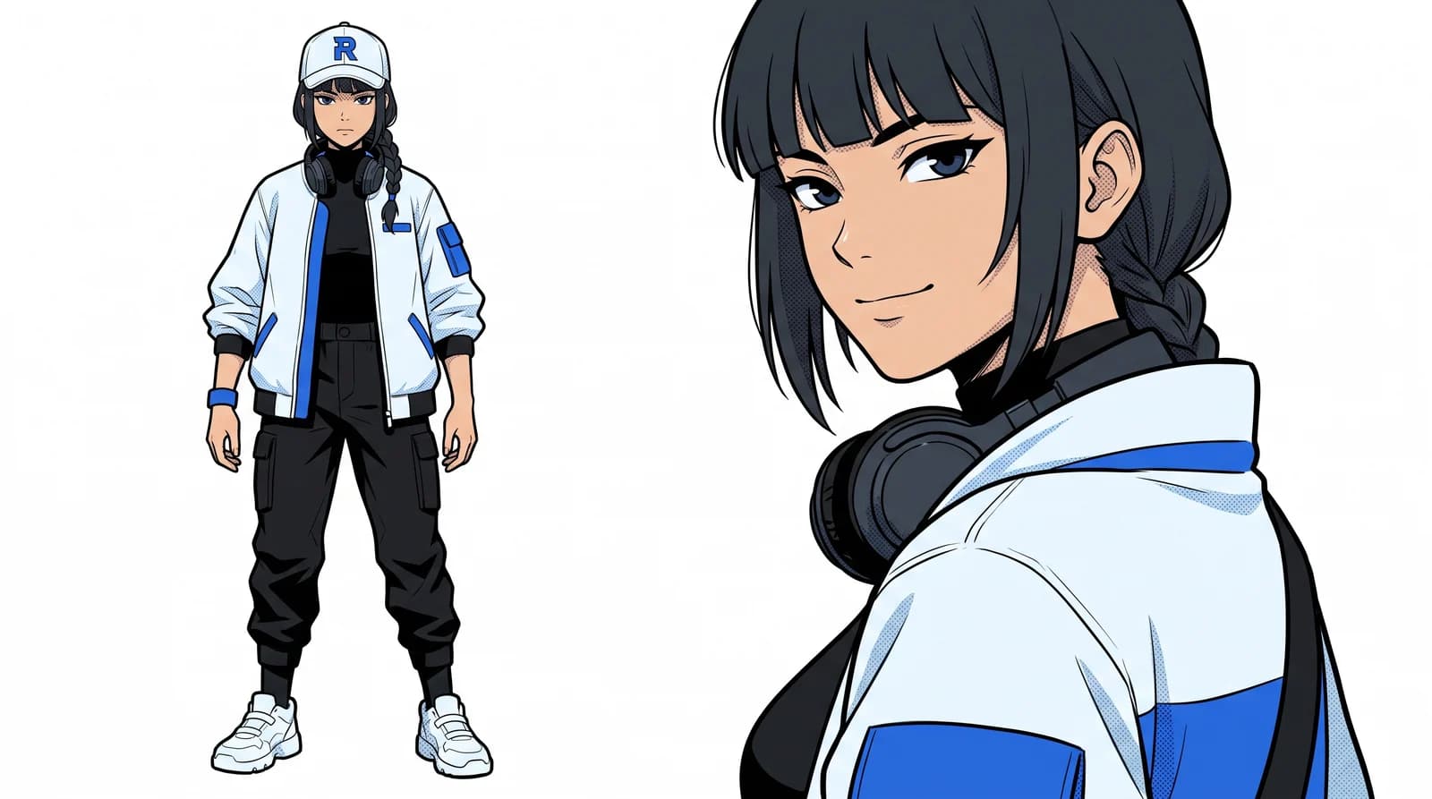 Character sheet for Riva: full-body standing view on the left, close-up portrait on the right, in white cap, headset and blue-panelled techwear jacket